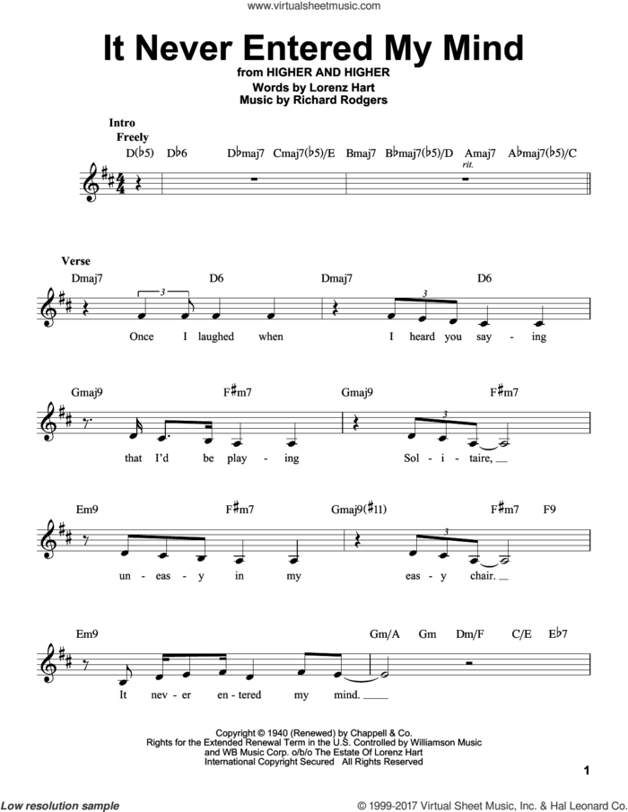 It Never Entered My Mind sheet music for voice solo by Rodgers & Hart, Lorenz Hart and Richard Rodgers, intermediate skill level