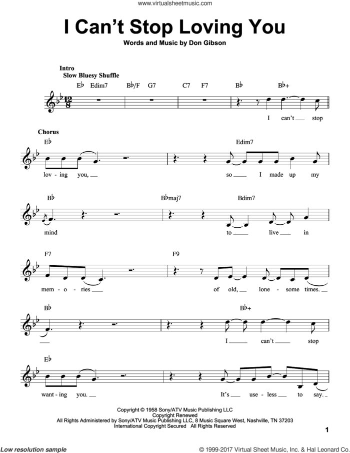 I Can't Stop Loving You sheet music for voice solo by Don Gibson, Conway Twitty, Elvis Presley, Kitty Wells and Ray Charles, intermediate skill level