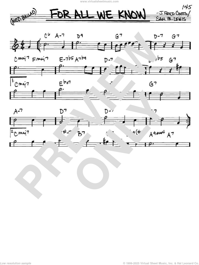 For All We Know sheet music for voice and other instruments (in Eb) by J. Fred Coots and Sam Lewis, intermediate skill level