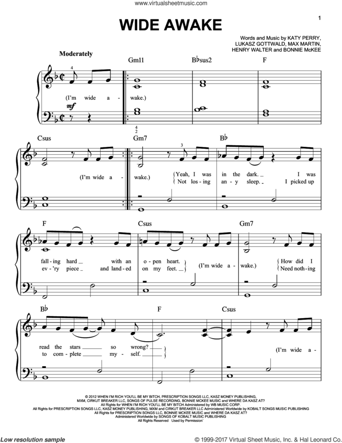 Wide Awake sheet music for piano solo by Katy Perry, Bonnie McKee, Henry Walter, Lukasz Gottwald and Max Martin, easy skill level