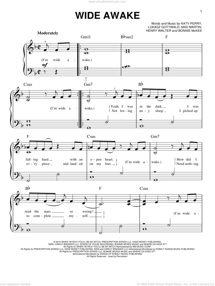 Wide Awake sheet music for piano solo by Katy Perry, Bonnie McKee, Henry Walter, Lukasz Gottwald and Max Martin, easy skill level