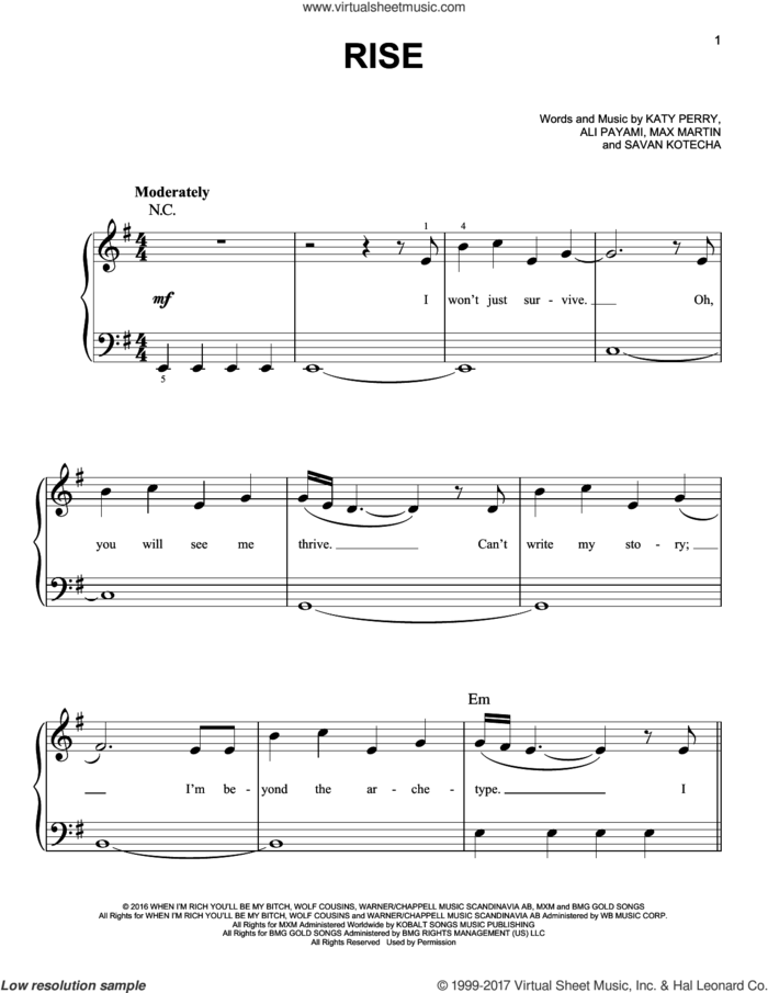 Rise sheet music for piano solo by Katy Perry, Ali Payami, Max Martin and Savan Kotecha, easy skill level