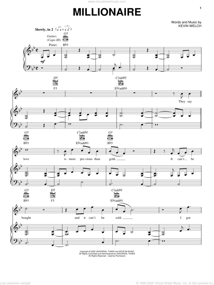 Millionaire sheet music for voice, piano or guitar by Chris Stapleton and Kevin Welch, intermediate skill level