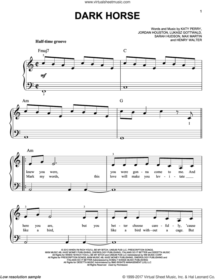 Dark Horse, (easy) sheet music for piano solo by Katy Perry, Henry Walter, Jordan Houston, Lukasz Gottwald, Max Martin and Sarah Hudson, easy skill level