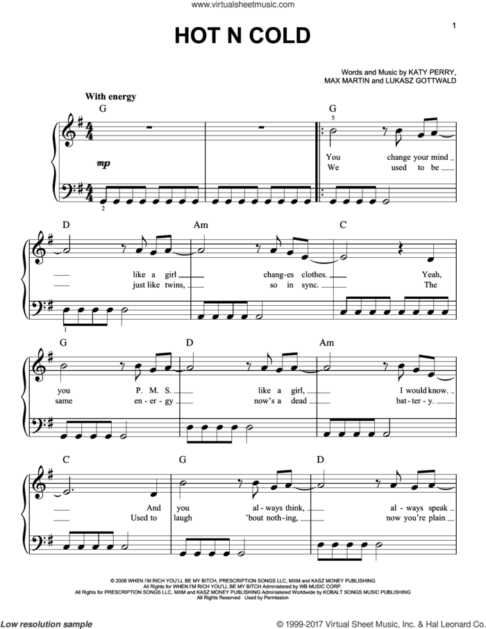 Hot N Cold sheet music for piano solo by Katy Perry, Lukasz Gottwald and Max Martin, easy skill level