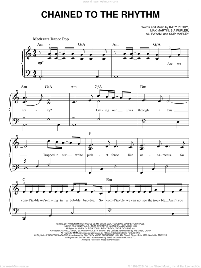 Chained To The Rhythm sheet music for piano solo by Katy Perry, Ali Payami, Max Martin, Sia Furler and Skip Marley, easy skill level