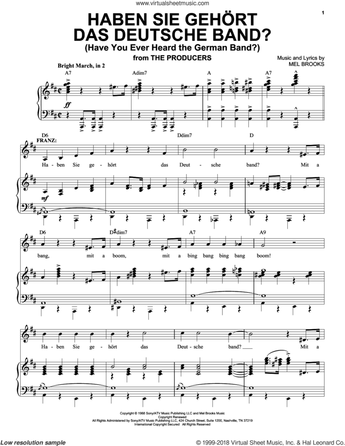 Haben Sie Gehort Das Deutsche Band? (Have You Ever Heard The German Band?) sheet music for voice and piano by Mel Brooks, intermediate skill level