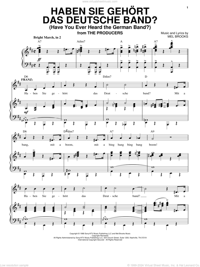 Haben Sie Gehort Das Deutsche Band? (Have You Ever Heard The German Band?) sheet music for voice and piano by Mel Brooks, intermediate skill level