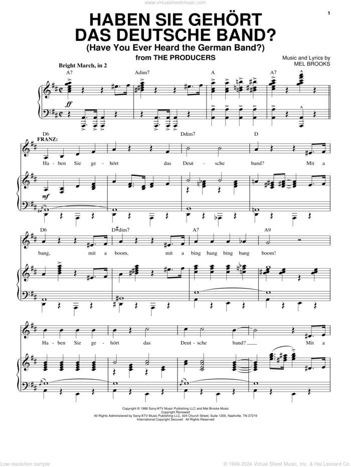 Haben Sie Gehort Das Deutsche Band? (Have You Ever Heard The German Band?) sheet music for voice and piano by Mel Brooks, intermediate skill level