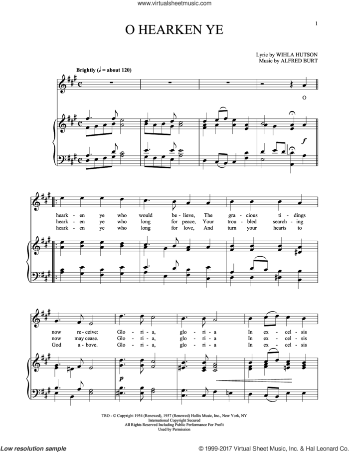 O Hearken Ye sheet music for voice and piano (High Voice) by Alfred Burt and Wihla Hutson, intermediate skill level