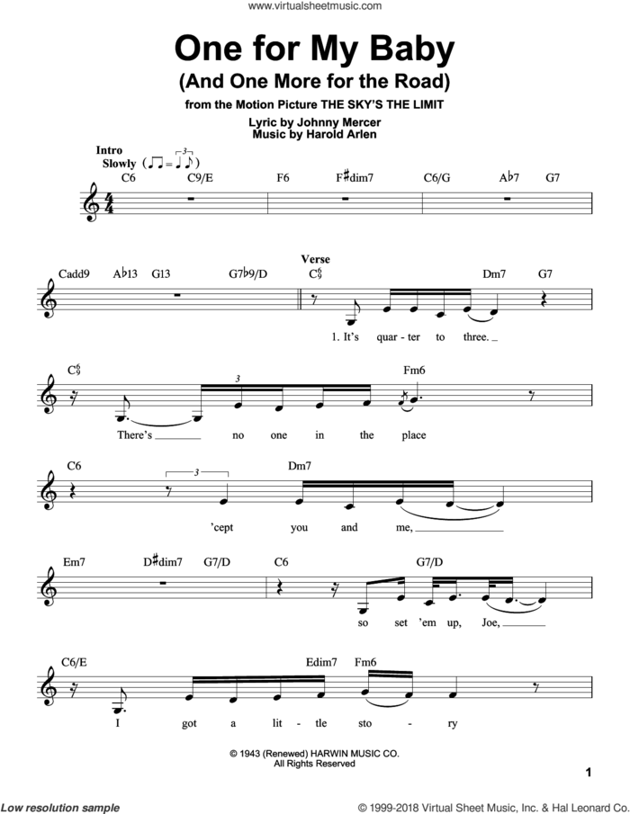 One For My Baby (And One More For The Road) sheet music for voice solo by Frank Sinatra, Harold Arlen and Johnny Mercer, intermediate skill level
