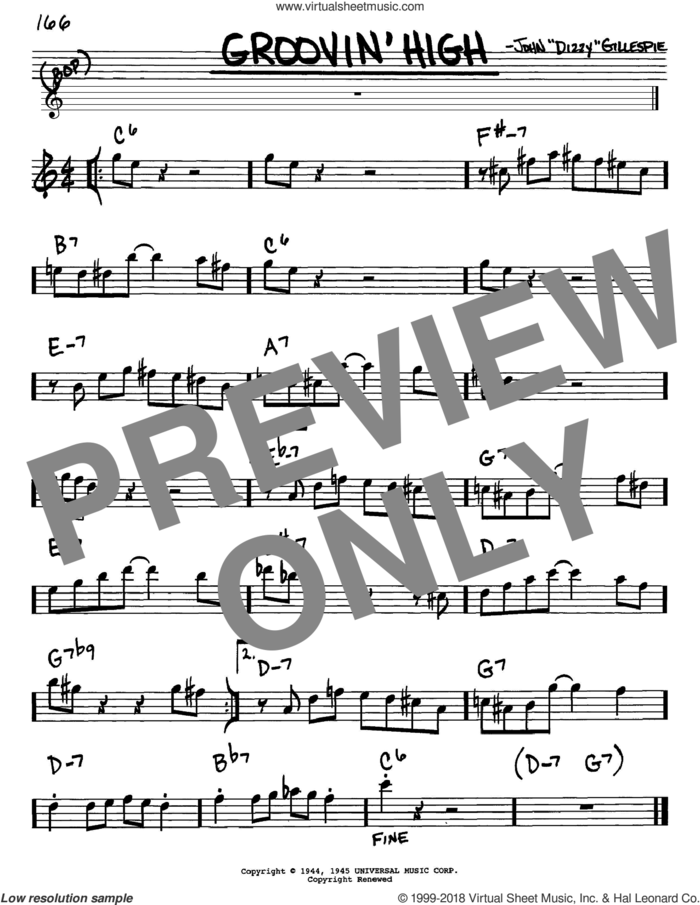 Groovin' High sheet music for voice and other instruments (in Eb) by Dizzy Gillespie and Charlie Parker, intermediate skill level