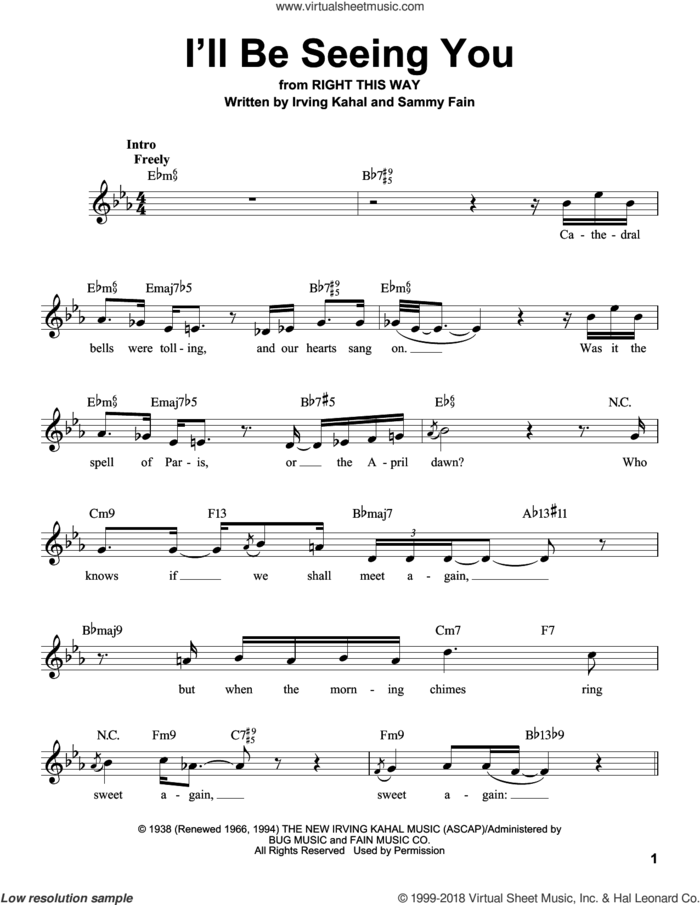 I'll Be Seeing You sheet music for voice solo by Sammy Fain and Irving Kahal, intermediate skill level