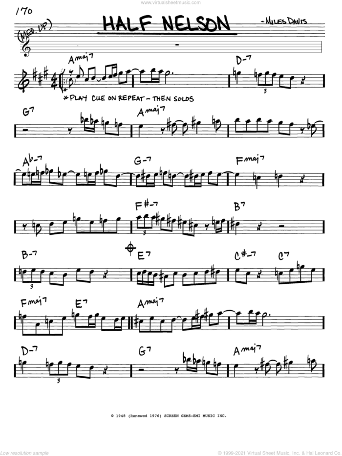 Half Nelson sheet music for voice and other instruments (in Eb) by Miles Davis, intermediate skill level