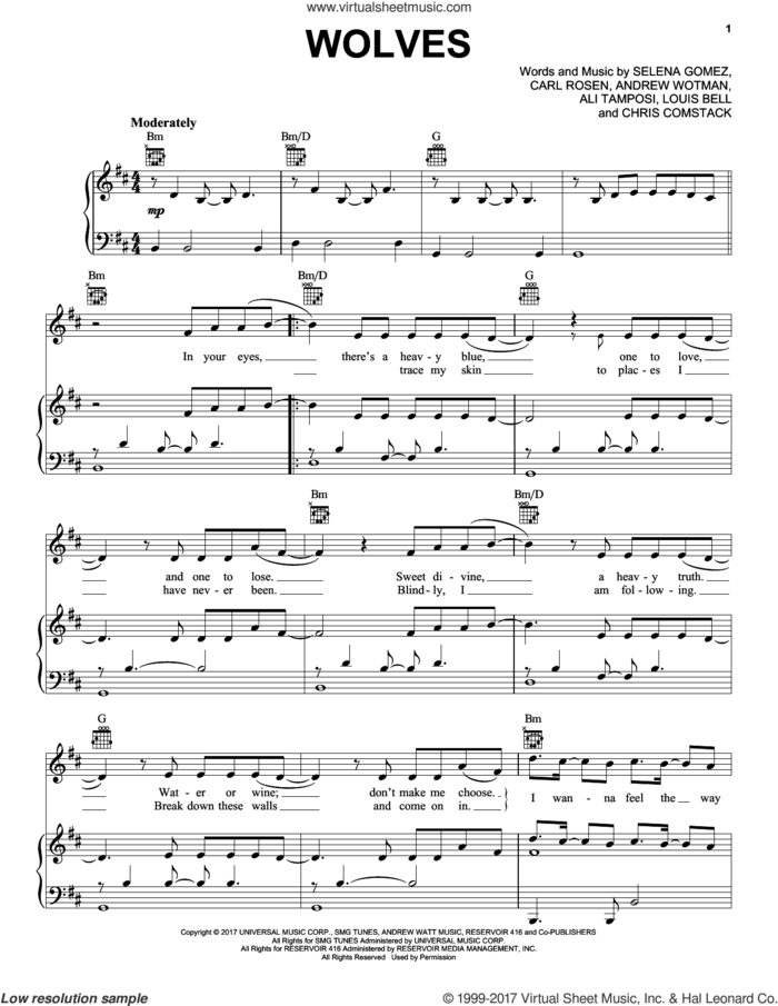 Wolves sheet music for voice, piano or guitar by Selena Gomez & Marshmello, Ali Tamposi, Andrew Wotman, Carl Rosen, Chris Comstock, Louis Bell and Selena Gomez, intermediate skill level