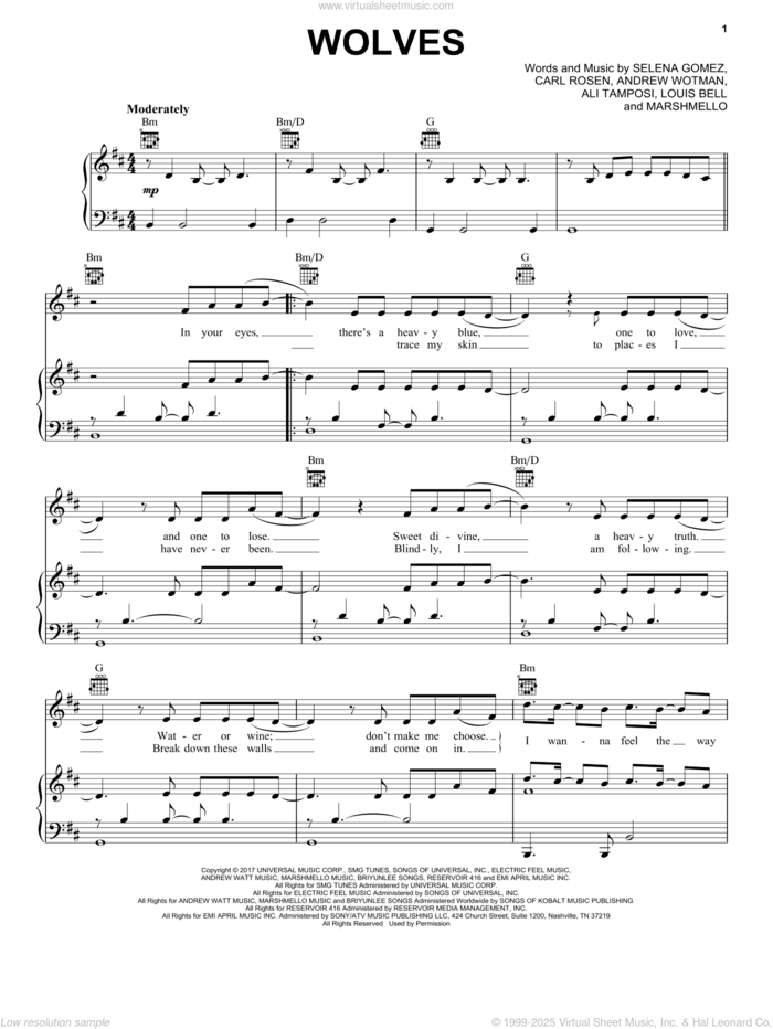 Wolves sheet music for voice, piano or guitar by Selena Gomez & Marshmello, Ali Tamposi, Andrew Wotman, Carl Rosen, Chris Comstock, Louis Bell and Selena Gomez, intermediate skill level