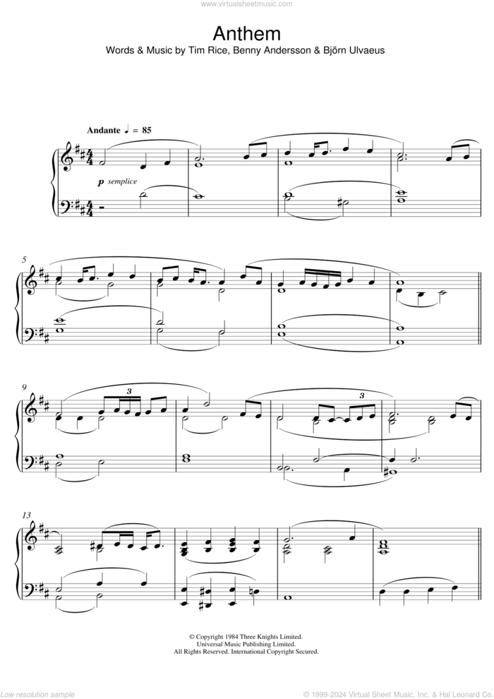 Anthem (from 'Chess') sheet music for piano solo by Benny Andersson, Bjorn Ulvaeus and Tim Rice, intermediate skill level