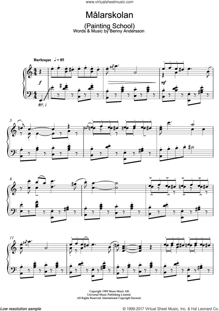 Malarskolan sheet music for piano solo by Benny Andersson, intermediate skill level