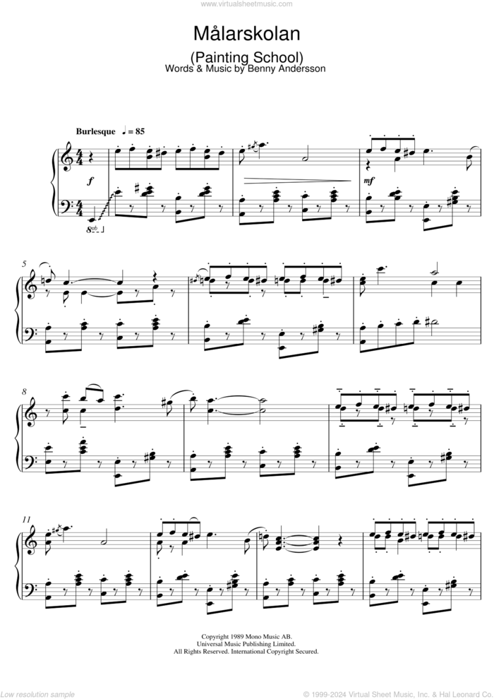 Malarskolan sheet music for piano solo by Benny Andersson, intermediate skill level