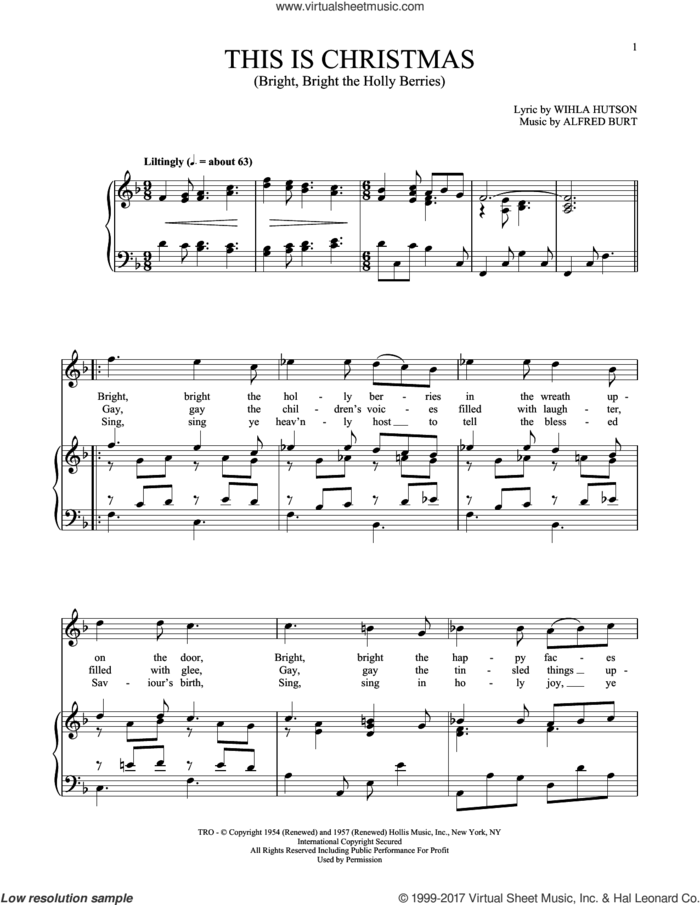This Is Christmas (Bright, Bright The Holly Berries) sheet music for voice and piano (High Voice) by Alfred Burt and Wihla Hutson, intermediate skill level