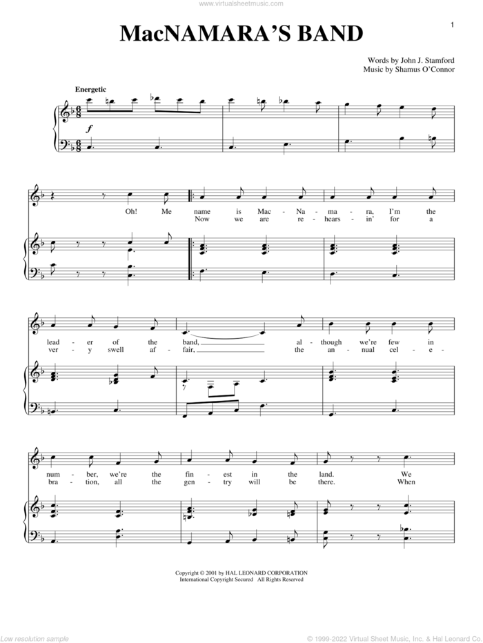 MacNamara's Band sheet music for voice and piano by John J. Stamford, intermediate skill level