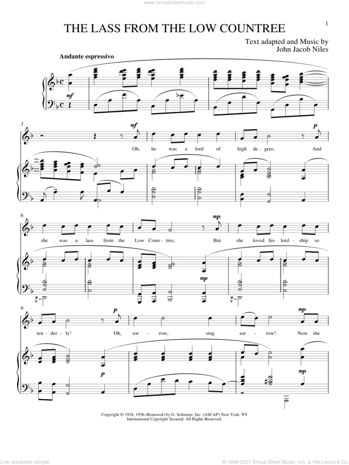 The Lass From The Low Countree sheet music for voice and piano (Soprano) by John Jacob Niles and Joan Frey Boytim, classical score, intermediate skill level