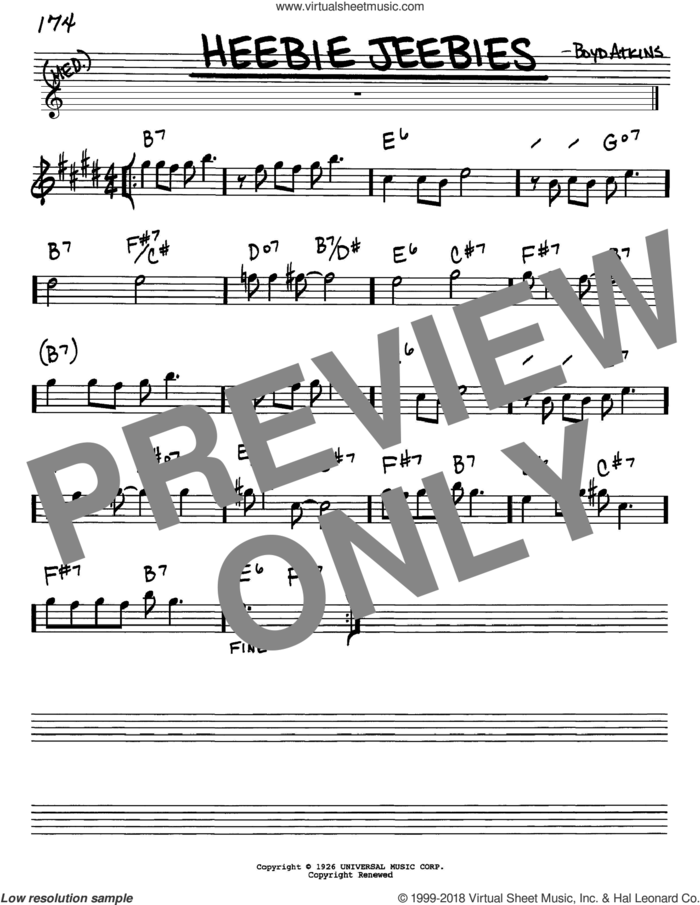 Heebie Jeebies sheet music for voice and other instruments (in Eb) by Louis Armstrong and Boyd Atkins, intermediate skill level