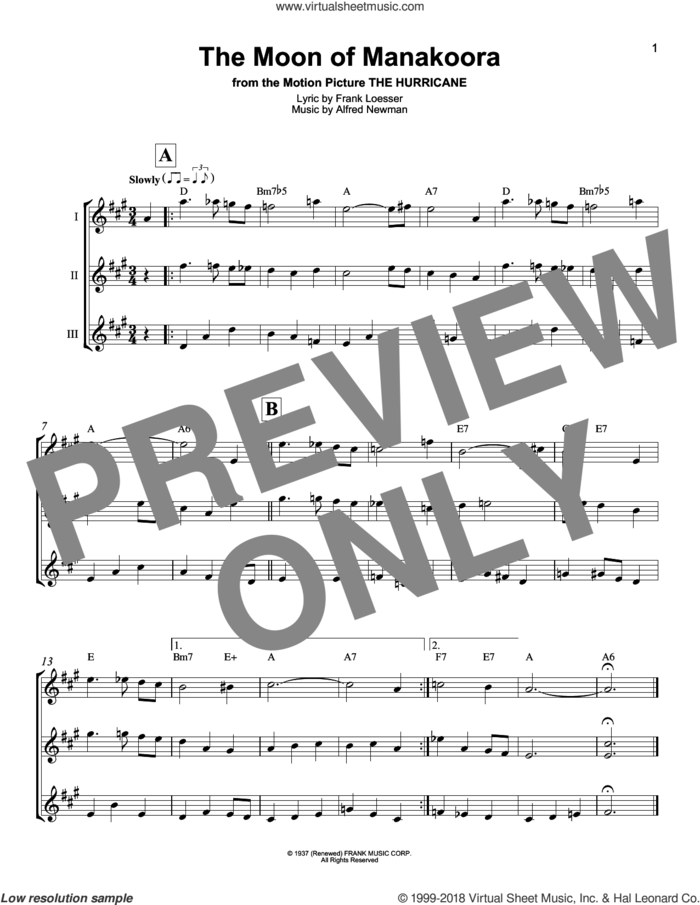 The Moon Of Manakoora sheet music for ukulele ensemble by Frank Loesser and Alfred Newman, intermediate skill level