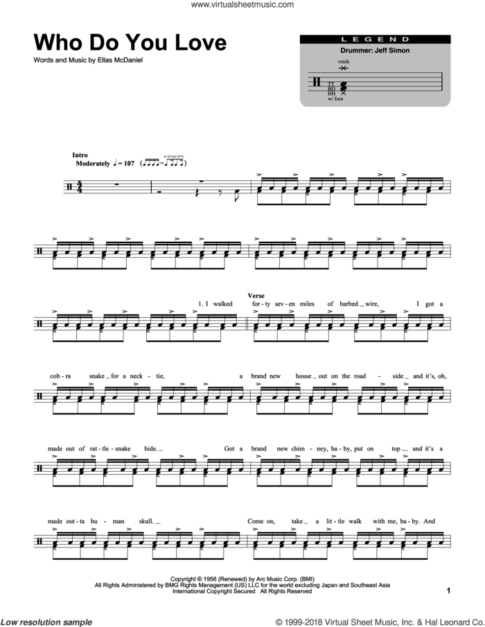 Who Do You Love sheet music for drums by Bo Diddley and Ellas McDaniels, intermediate skill level