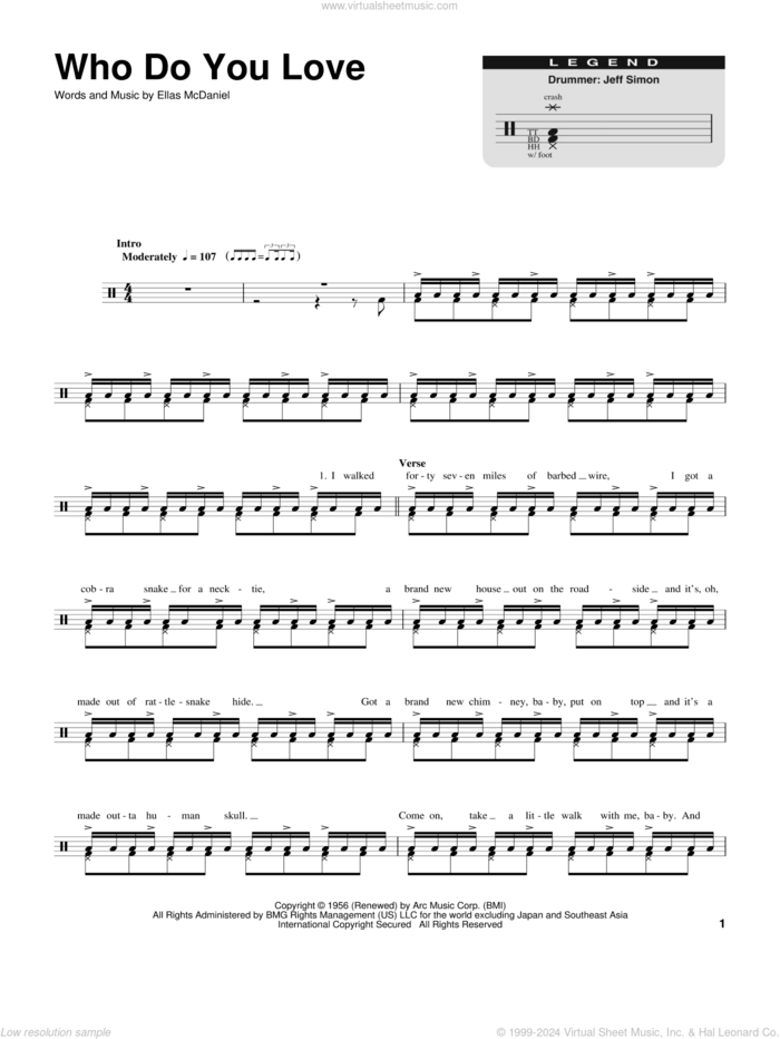 Who Do You Love sheet music for drums by Bo Diddley and Ellas McDaniels, intermediate skill level