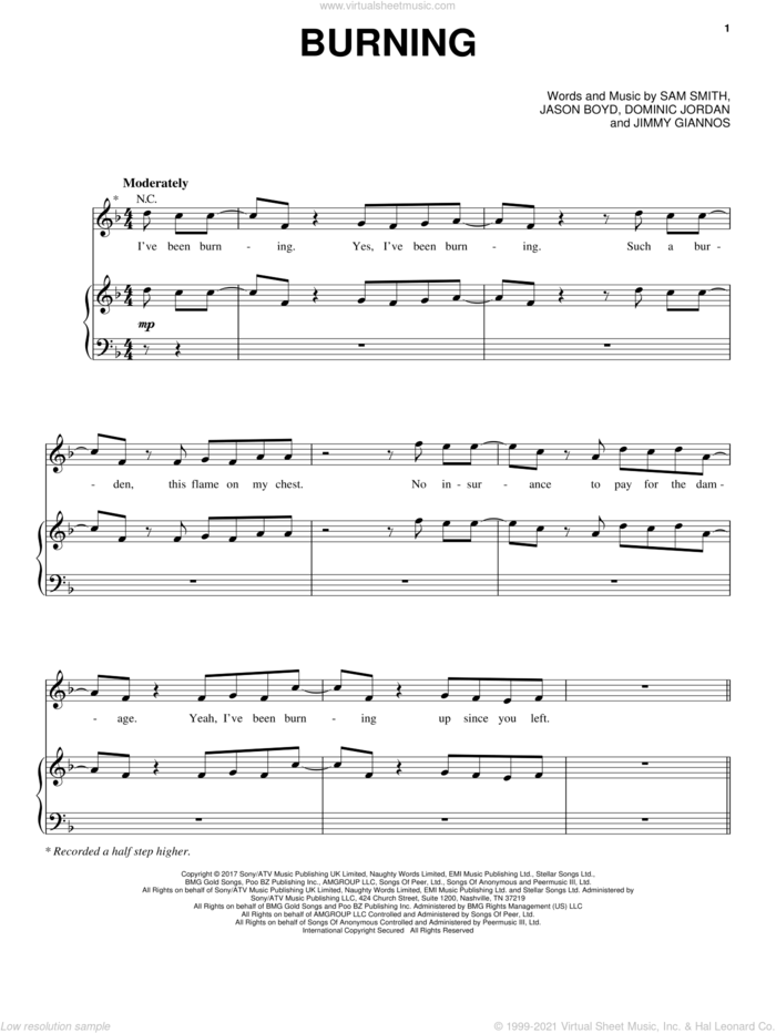 Burning sheet music for voice, piano or guitar by Sam Smith, Dominic Jordan, Jason Boyd and Jimmy Giannos, intermediate skill level