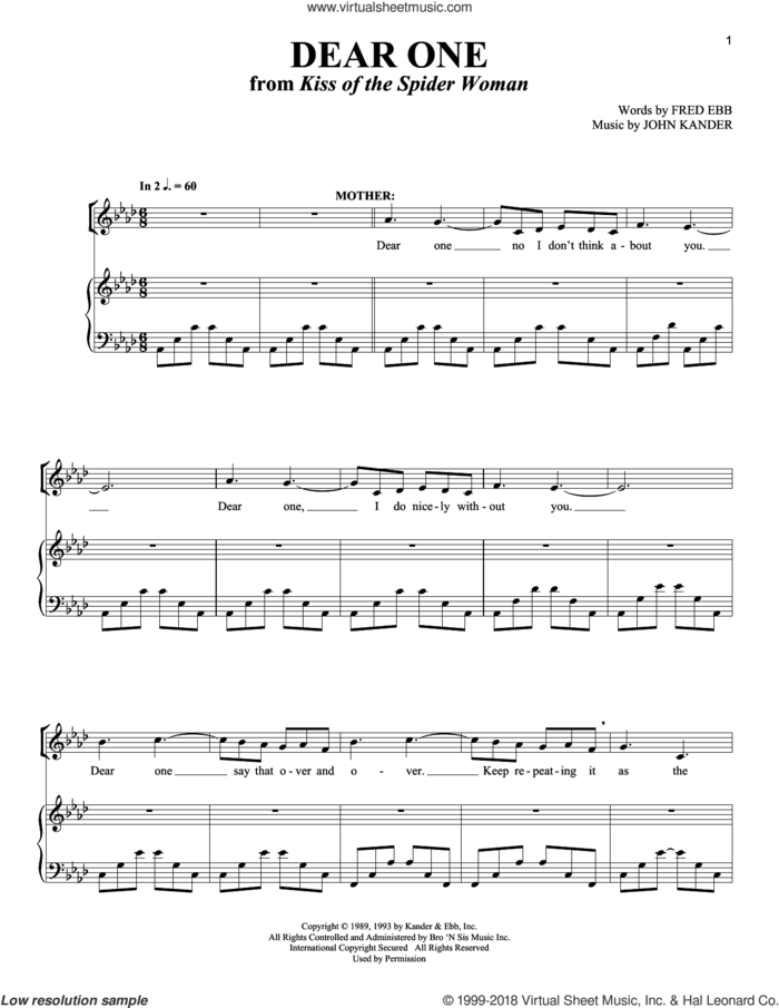 Dear One (from Kiss Of The Spider Woman) sheet music for voice and piano by Kander & Ebb, Fred Ebb and John Kander, intermediate skill level