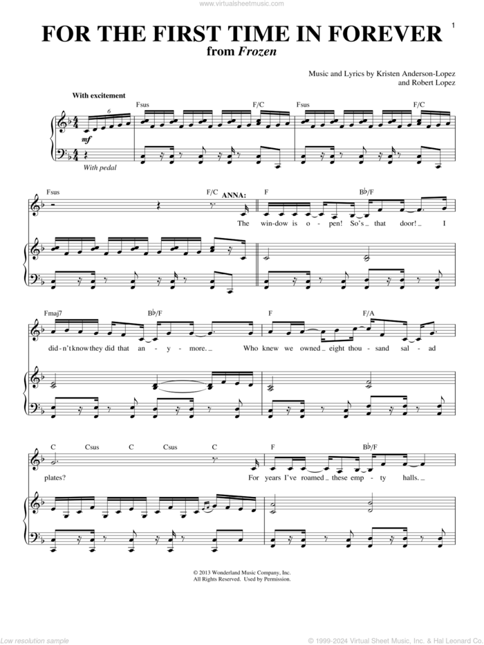 For The First Time In Forever (from Frozen) sheet music for voice and piano by Kristen Bell, Idina Menzel, Kristen Anderson-Lopez and Robert Lopez, intermediate skill level