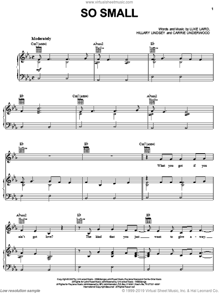 So Small sheet music for voice, piano or guitar by Carrie Underwood, Hillary Lindsey and Luke Laird, intermediate skill level