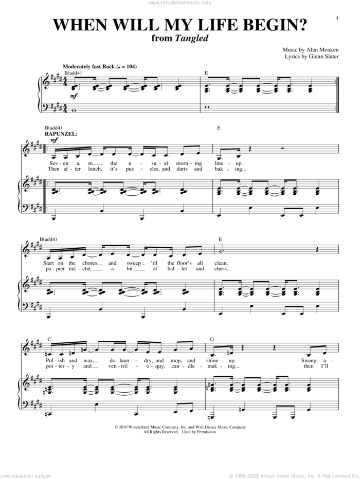 When Will My Life Begin? (from Disney's Tangled) sheet music for voice and piano by Alan Menken, Mandy Moore and Glenn Slater, intermediate skill level