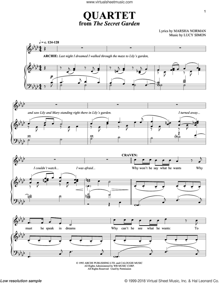 Quartet sheet music for voice and piano by Lucy Simon and Martha Norman, intermediate skill level