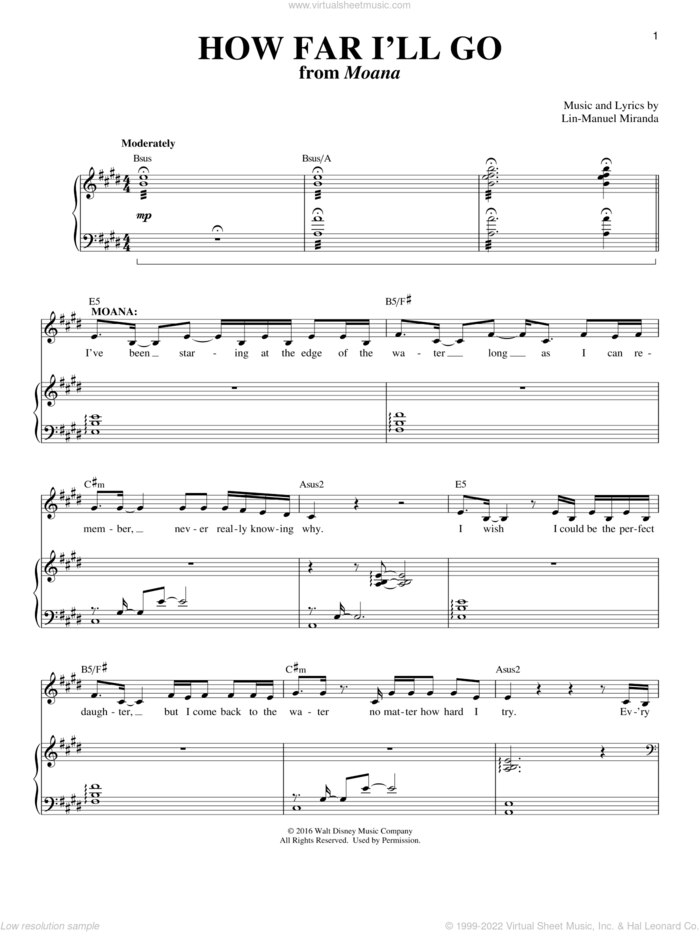 How Far I'll Go (from Moana) sheet music for voice and piano by Lin-Manuel Miranda and Alessia Cara, intermediate skill level