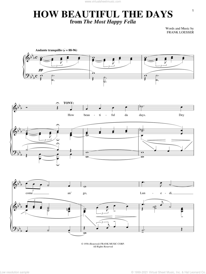 How Beautiful The Days sheet music for voice and piano by Frank Loesser, intermediate skill level