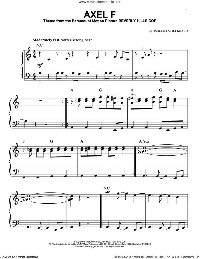 Axel F, (easy) sheet music for piano solo by Harold Faltermeyer and Crazy Frog, easy skill level