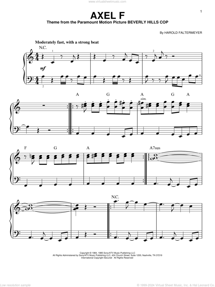 Axel F sheet music for piano solo by Harold Faltermeyer and Crazy Frog, easy skill level