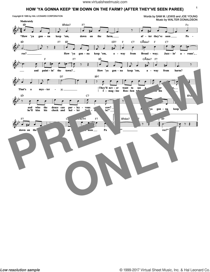 How 'Ya Gonna Keep 'em Down On The Farm? (After They've Seen Paree) sheet music for voice and other instruments (fake book) by Walter Donaldson, Nora Bayes, Joe Young and Sam Lewis, intermediate skill level