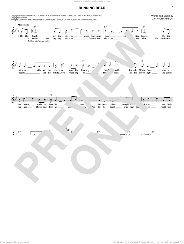 Running Bear sheet music for voice and other instruments (fake book) by Johnny Preston, Sonny James and J.P. Richardson, intermediate skill level