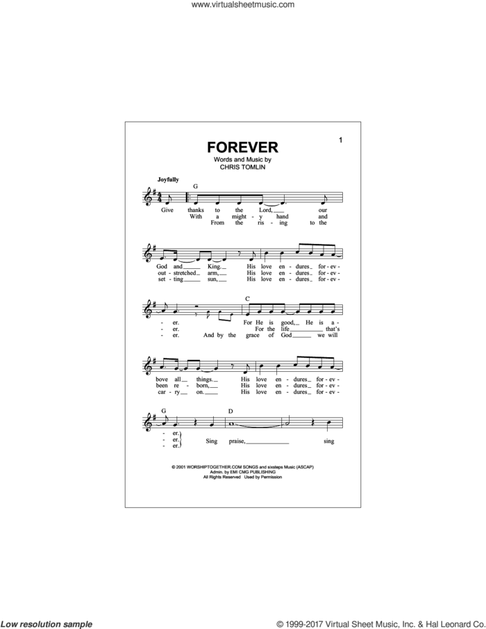 Forever sheet music for voice and other instruments (fake book) by Chris Tomlin and Rebecca St. James, intermediate skill level