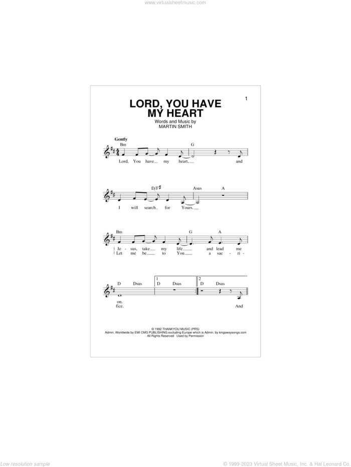 Lord, You Have My Heart sheet music for voice and other instruments (fake book) by Martin Smith and Delirious?, intermediate skill level