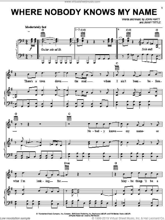 Where Nobody Knows My Name sheet music for voice, piano or guitar by Jimmy Tittle and John Hiatt, intermediate skill level