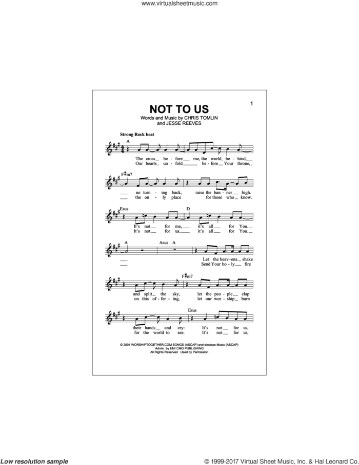 Not To Us sheet music for voice and other instruments (fake book) by Chris Tomlin and Jesse Reeves, intermediate skill level