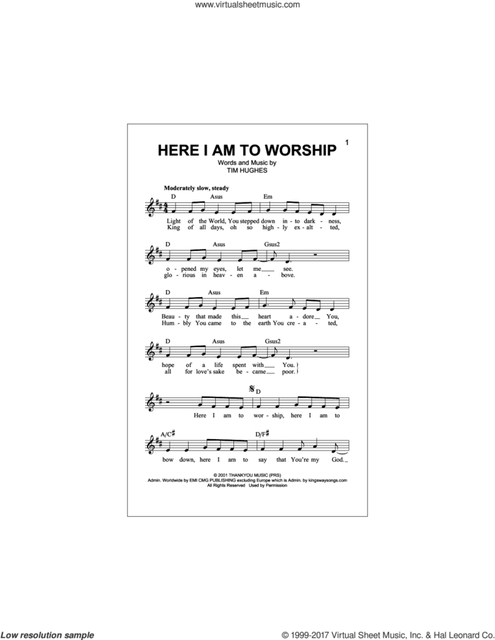 Here I Am To Worship (Light Of The World) sheet music for voice and other instruments (fake book) by Phillips, Craig & Dean and Tim Hughes, intermediate skill level