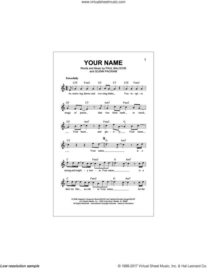 Your Name sheet music for voice and other instruments (fake book) by Phillips, Craig & Dean, Glenn Packiam and Paul Baloche, intermediate skill level