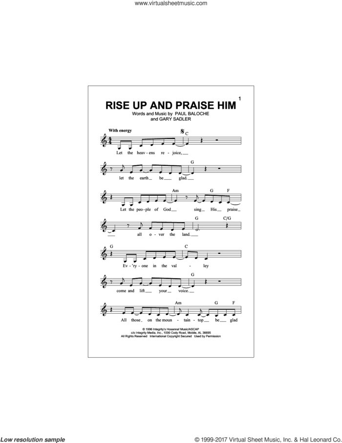 Rise Up And Praise Him sheet music for voice and other instruments (fake book) by Gary Sadler and Paul Baloche, intermediate skill level