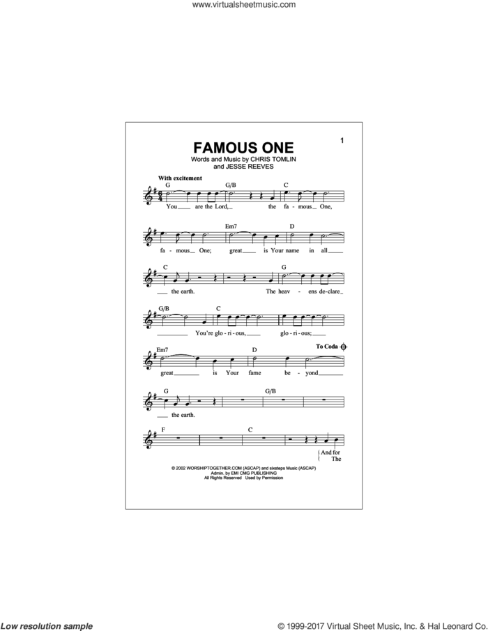 Famous One sheet music for voice and other instruments (fake book) by Chris Tomlin and Jesse Reeves, intermediate skill level